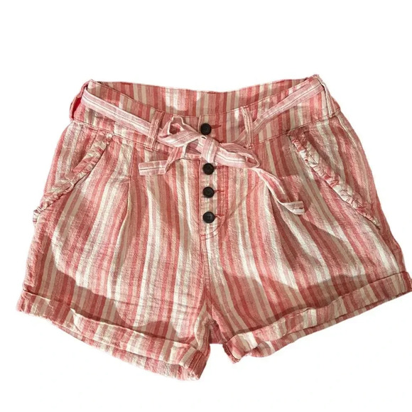 Free People Linen Blend Striped High‎ Waist Belted Shorts Size 2 - Picture 1 of 3